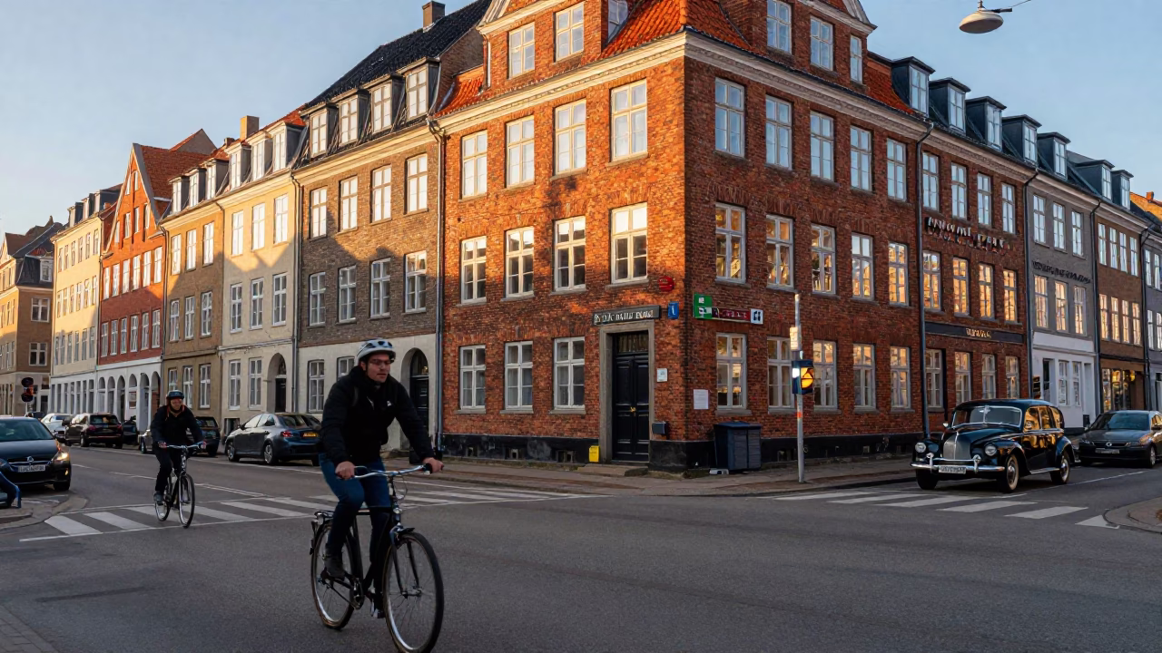 Late Afternoon Copenhagen Street Scene with Cyclists and Classic Architecture in in Copenhagen, Denmark