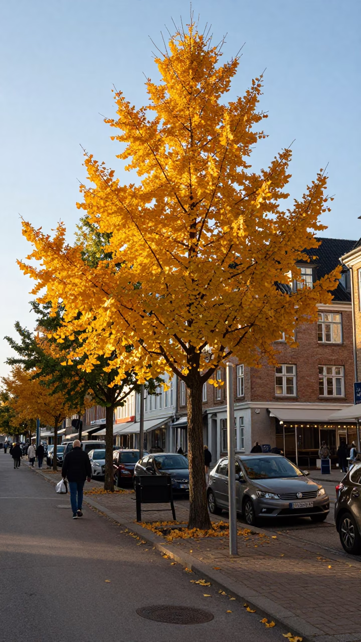 Late Afternoon Copenhagen Street Scene with Ginkgo Tree and Autumn Foliage in in Copenhagen, Denmark
