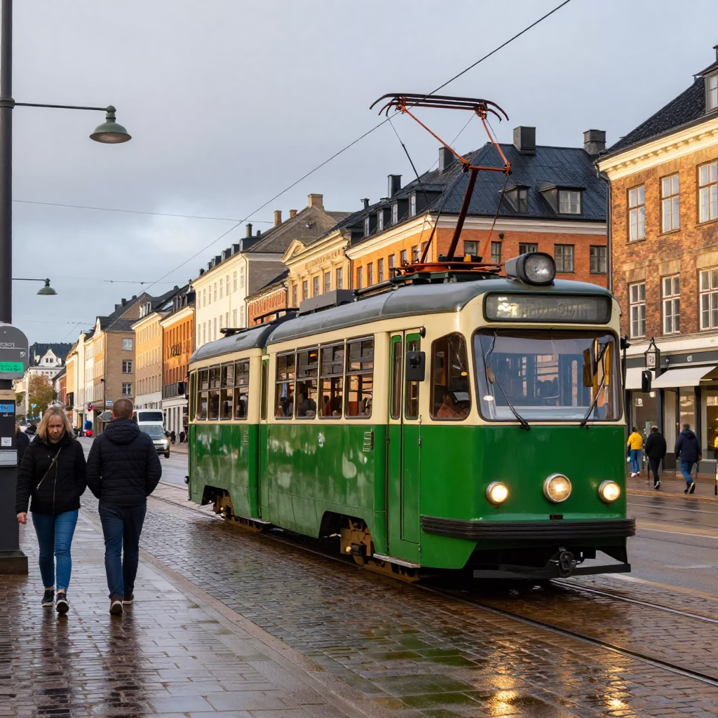 Late Afternoon Copenhagen Street Scene with Heritage Tram and Cobblestones in in Copenhagen, Denmark