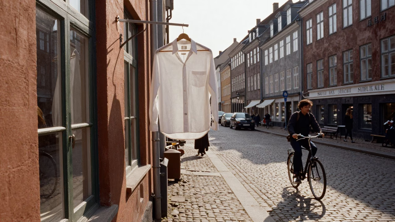 Late Afternoon Copenhagen Street Scene with Shirt Hanger and Wooden Ruler in in Copenhagen, Denmark