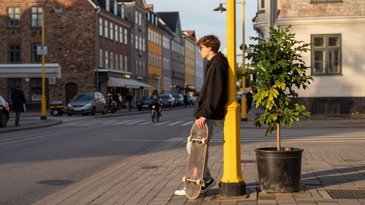 Late Afternoon Copenhagen Street Scene with Skateboard and Houseplants in in Copenhagen, Denmark