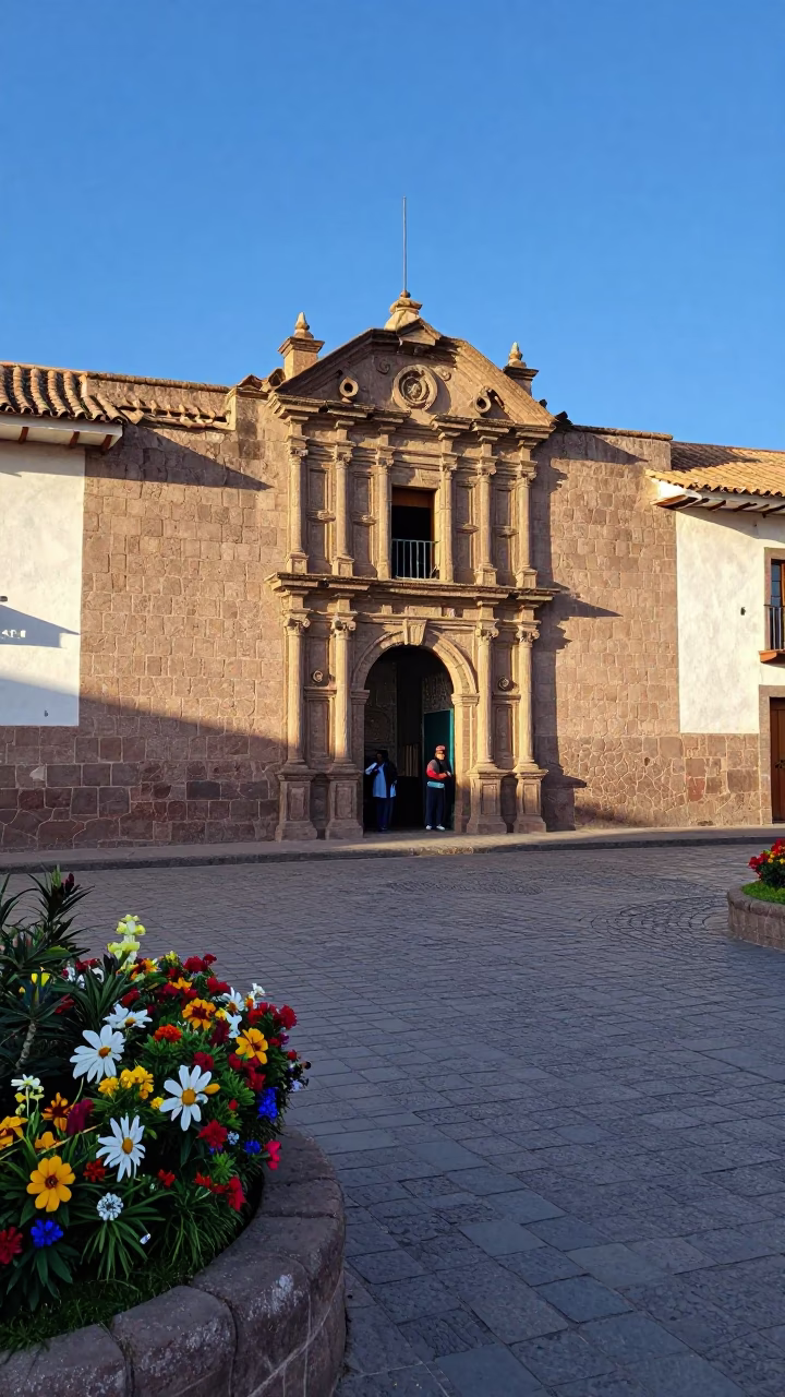 Late Afternoon Cusco Street Scene with Flowering Plant and Basket Tray in in Cusco, Peru