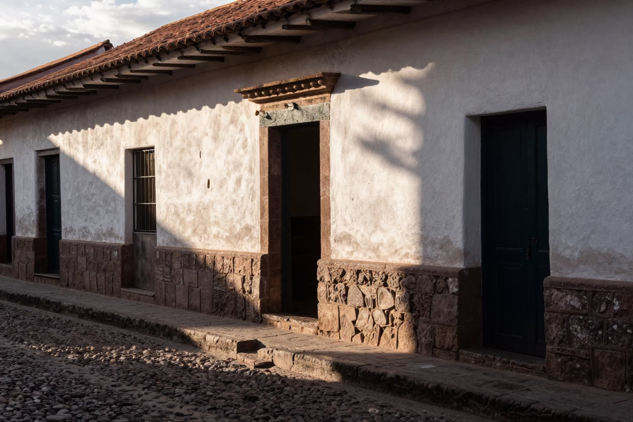 Late Afternoon Cusco Street Scene with Plaster Walls and Hibiscus Flower in Peru in in Cusco, Peru