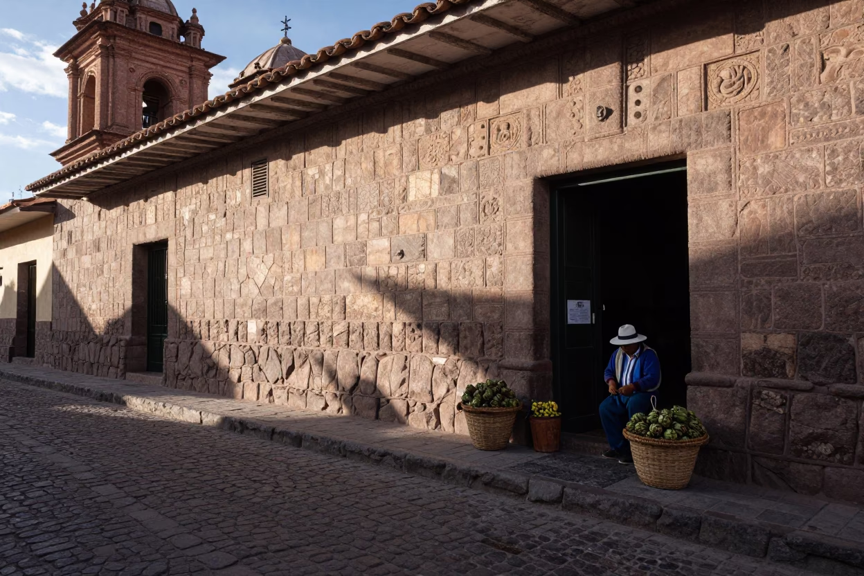 Late Afternoon Cusco Street Scene with Stone Architecture and Local Market Activity in in Cusco, Peru