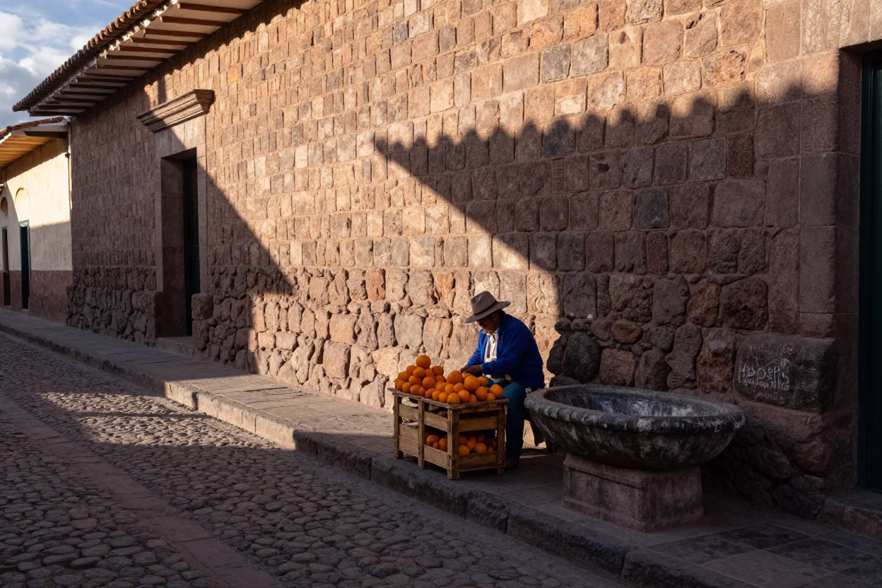 Late Afternoon Cusco Street Scene with Stone Walls and Local Market Activity in in Cusco, Peru