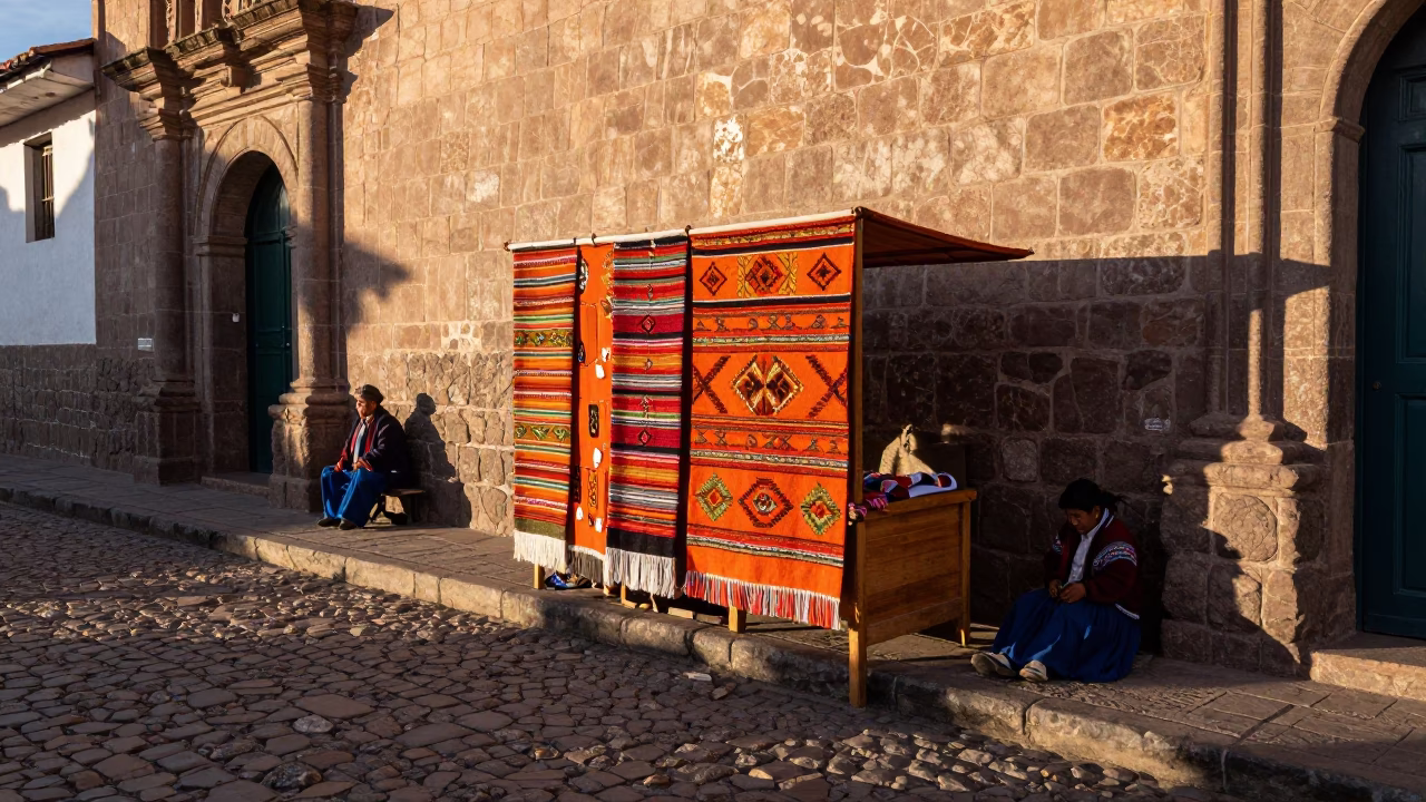 Late Afternoon Cusco Street Scene with Traditional Andean Textiles and Tiffin Tin Vendor in in Cusco, Peru