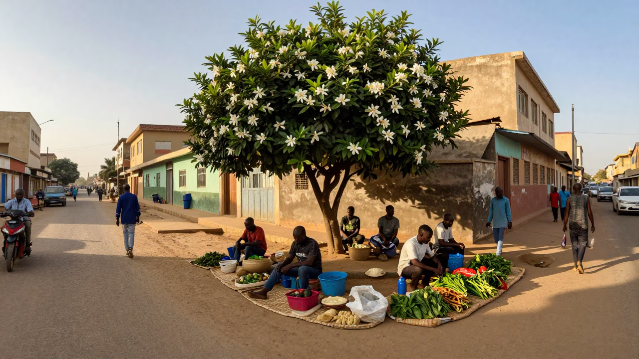 Late Afternoon Dakar Street Scene with Gardenia Bush and Traditional Market Activity in in Dakar, Senegal