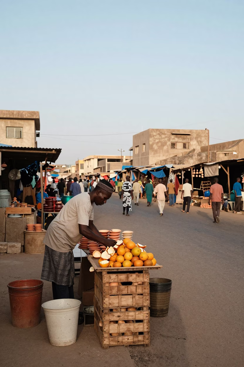 Late Afternoon Dakar Street Scene with Pottery Market and Local Life in in Dakar, Senegal