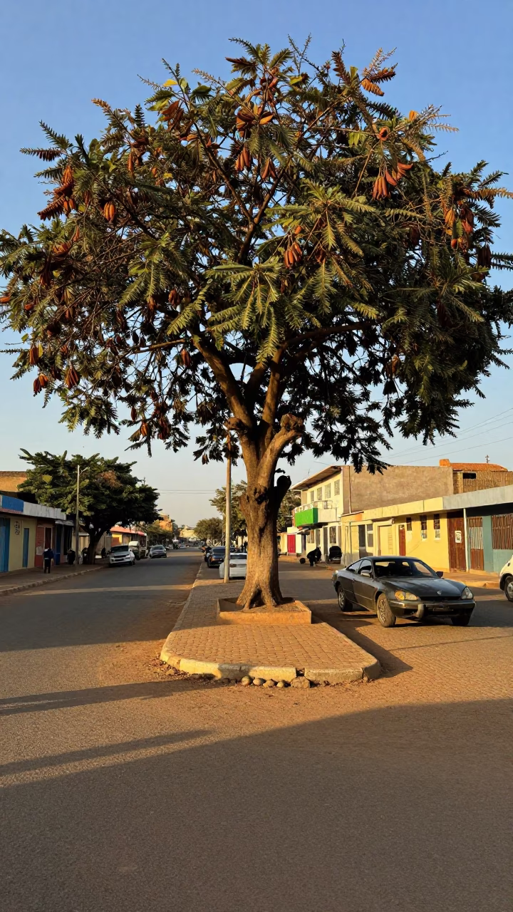Late Afternoon Dakar Street Scene with Tamarind Tree and Vintage Car in in Dakar, Senegal