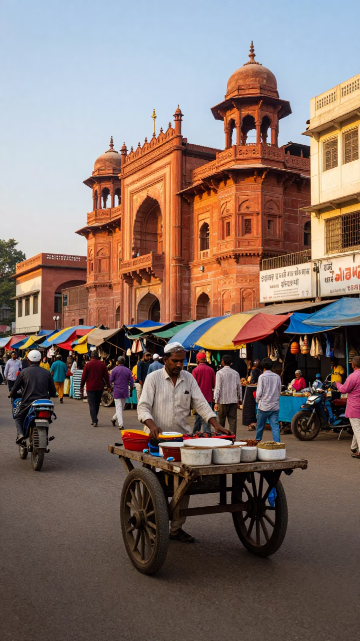 Late Afternoon Delhi Street Scene with Colorful Local Market Activity and Traditional Architecture in in Delhi, India
