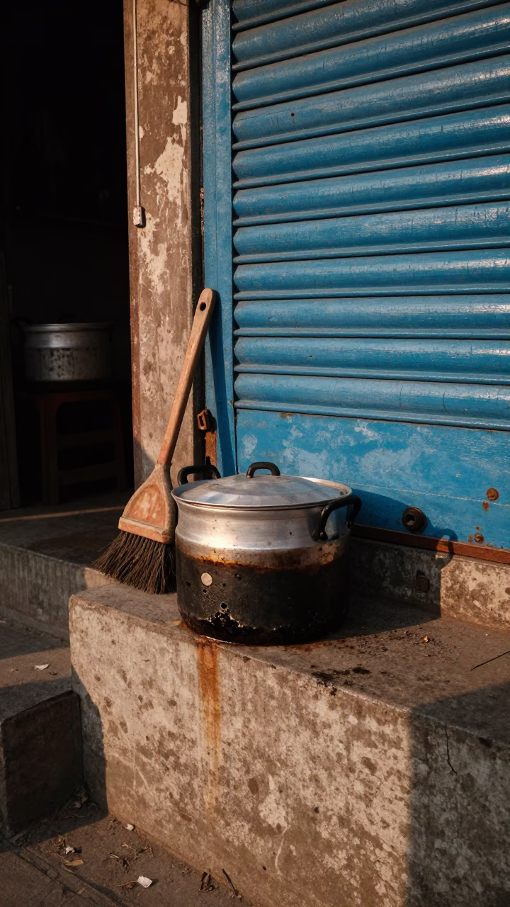 Late Afternoon Delhi Street Scene with Cooking Pot and Brush Bristles in in Delhi, India