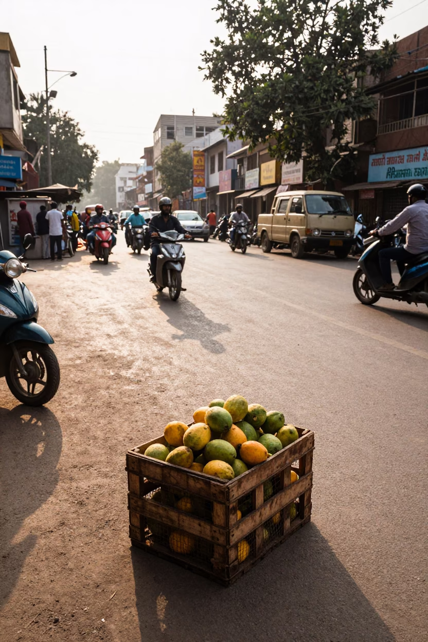 Late Afternoon Delhi Street Scene with Fruit Crate and Local Vendor in in Delhi, India