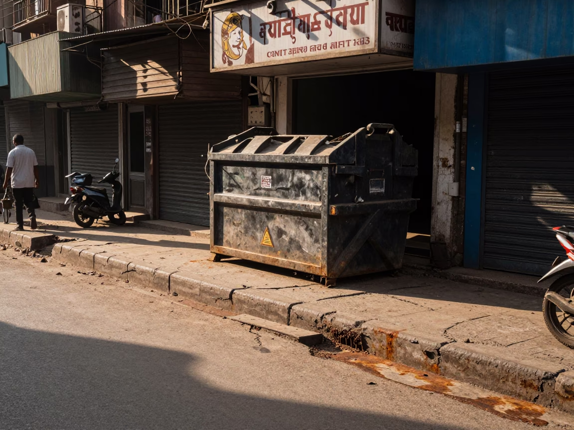 Late Afternoon Delhi Street Scene with Rusty Grout and Demolition Dumpster in in Delhi, India