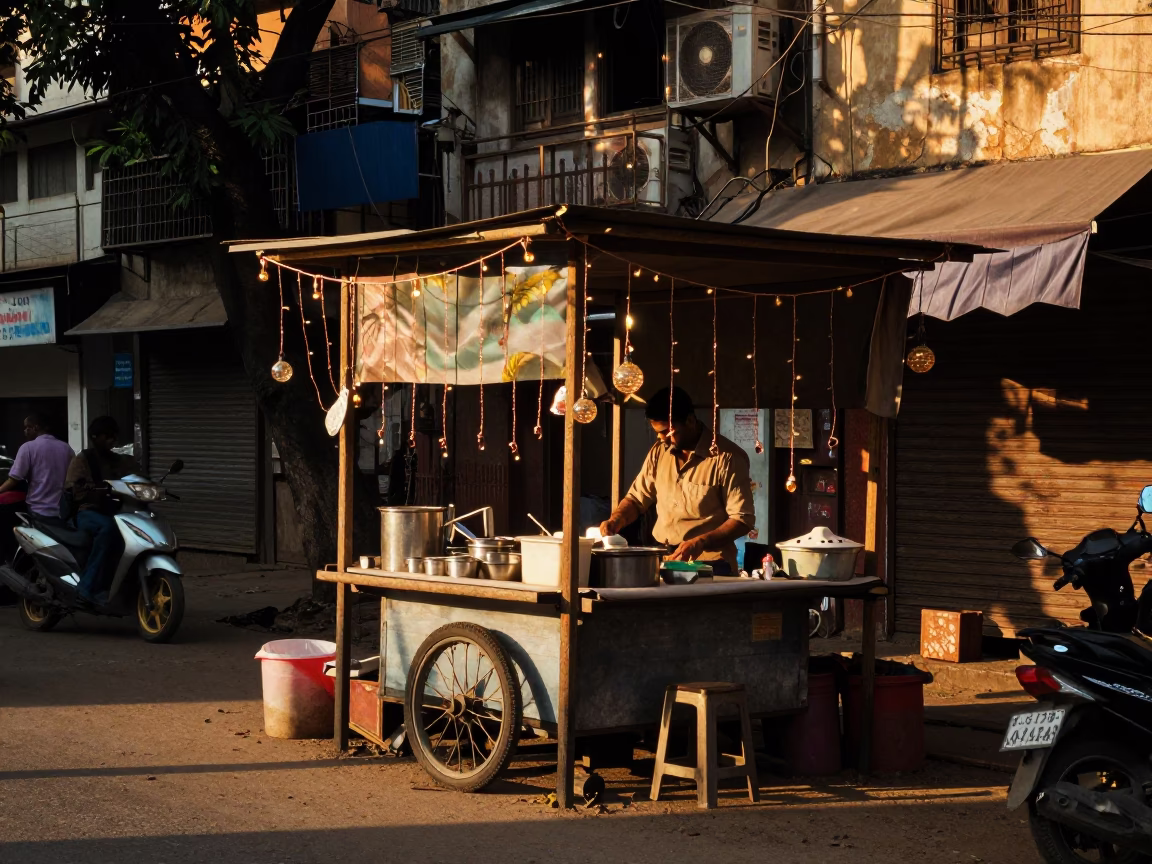 Late Afternoon Delhi Street Scene with String Lights and Potted Plants in in Delhi, India