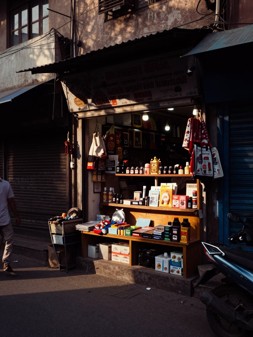 Late Afternoon Delhi Street Scene with Window Light and Shop Display in in Delhi, India