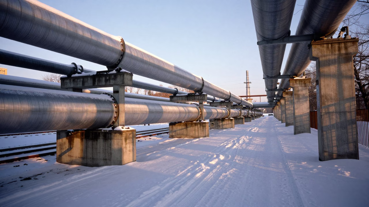 Late Afternoon District Heating Pipe Corridor in Snowy Berlin Urban Landscape in in Berlin, Germany