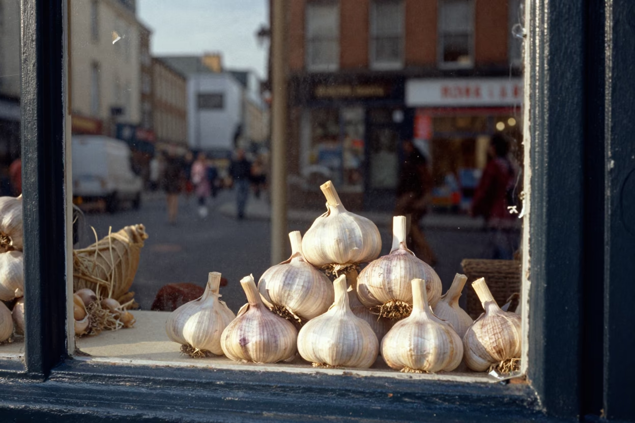 Late Afternoon Dublin Street Scene with Garlic Bulbs and Soap Case on Wooden Counter in in Dublin, Ireland