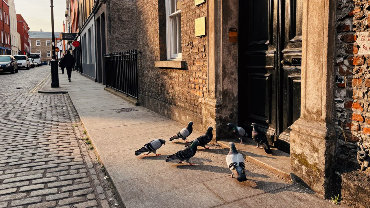 Late Afternoon Dublin Street Scene with Pigeons and Vintage 1960s Aesthetic in in Dublin, Ireland