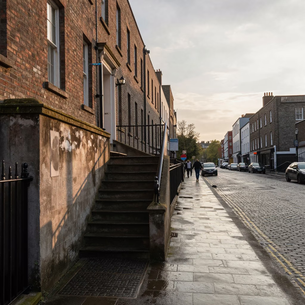 Late Afternoon Dublin Street Scene with School Staircase Wall Faded Championship Photos in in Dublin, Ireland