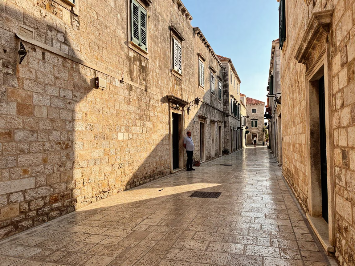 Late Afternoon Dubrovnik Old Town Street Scene with Stone Walls and Local Life in in Dubrovnik, Croatia