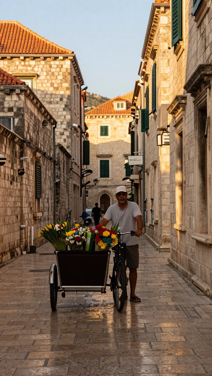 Late Afternoon Dubrovnik Street Scene with Cargo Bicycle and Flower Vendor in in Dubrovnik, Croatia