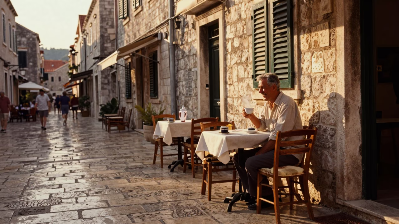 Late Afternoon Dubrovnik Street Scene with Coffee Tin and Leaf Shadows in in Dubrovnik, Croatia