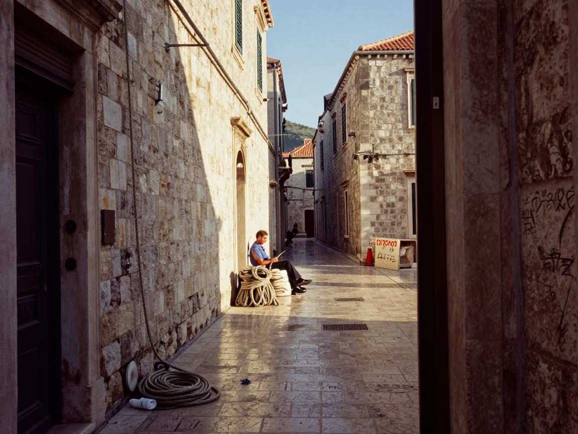 Late Afternoon Dubrovnik Street Scene with Coiled Rope and Weathered Doorframe Scratches in in Dubrovnik, Croatia