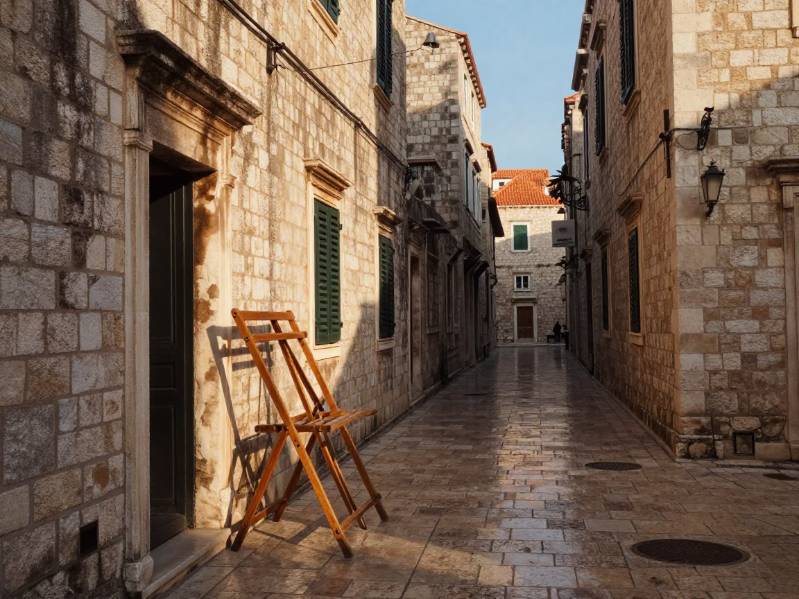 Late Afternoon Dubrovnik Street Scene with Drying Rack and Local Produce in in Dubrovnik, Croatia