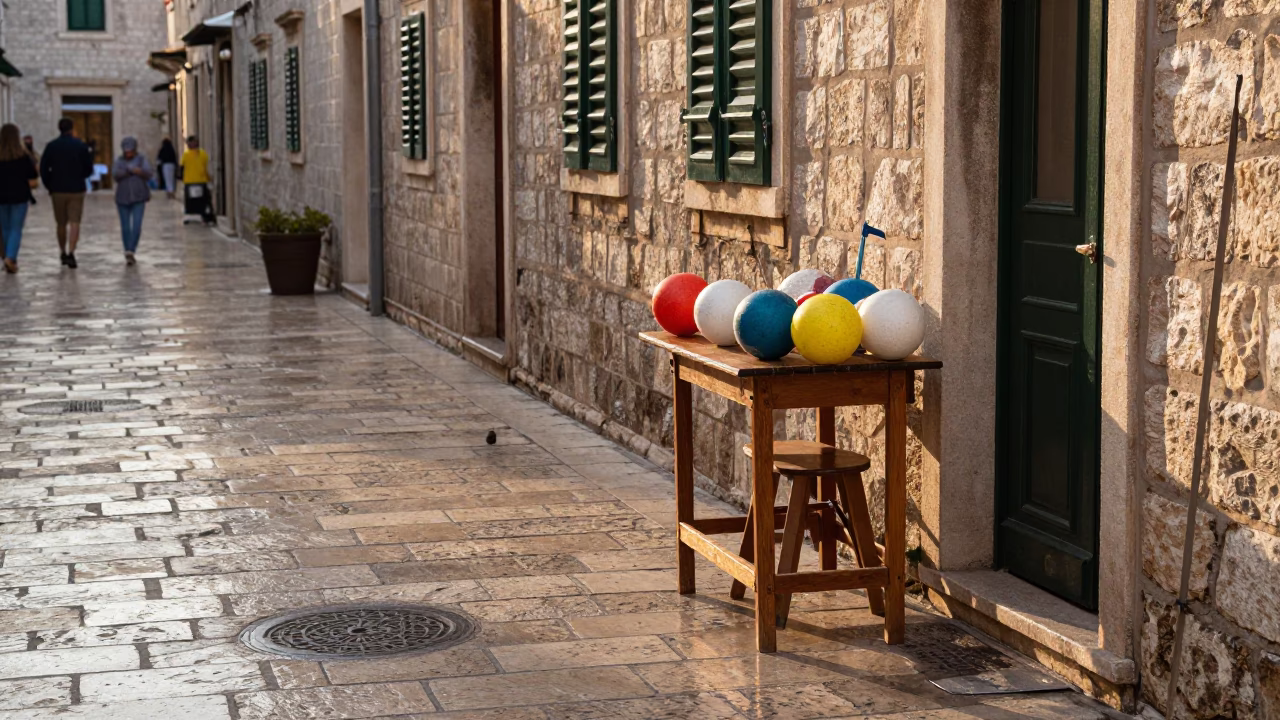 Late Afternoon Dubrovnik Street Scene with Fishing Floats and Stone Architecture in in Dubrovnik, Croatia
