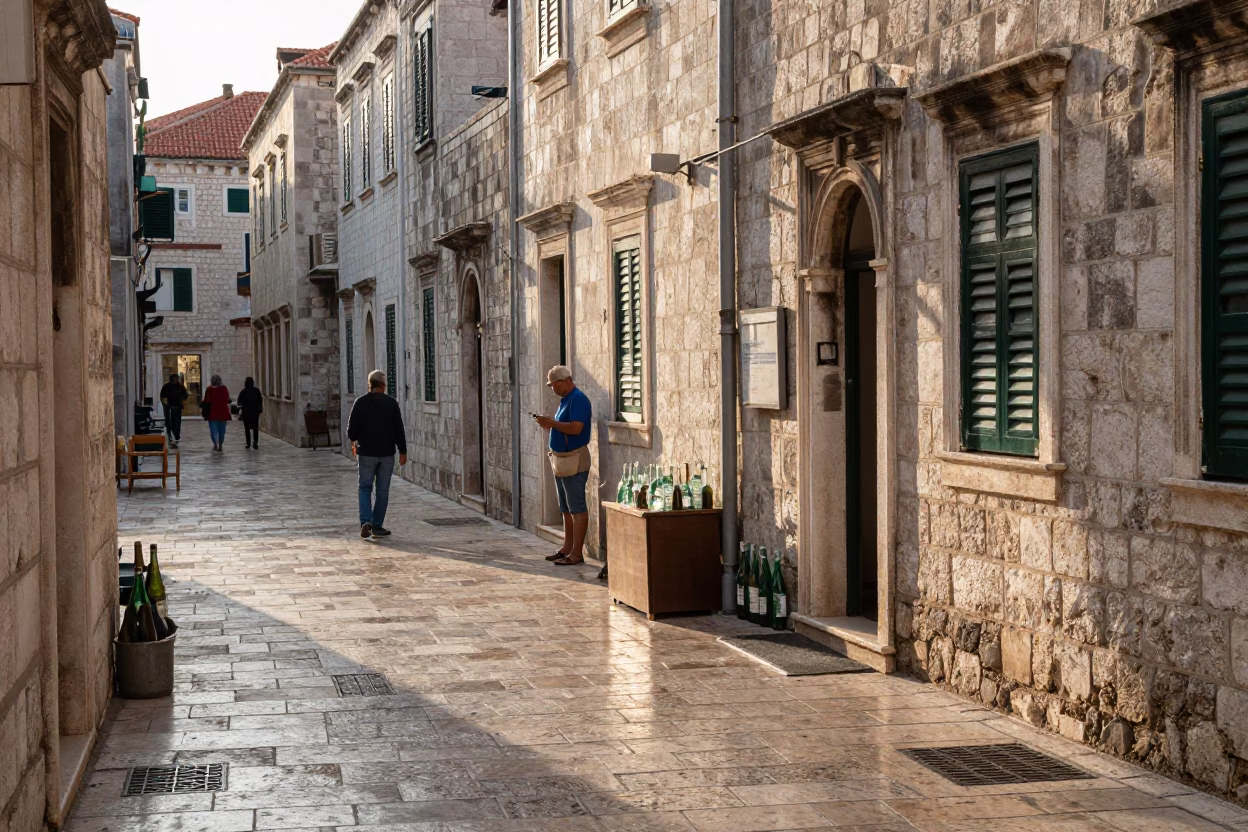 Late Afternoon Dubrovnik Street Scene with Glass Bottles and Local Life in in Dubrovnik, Croatia