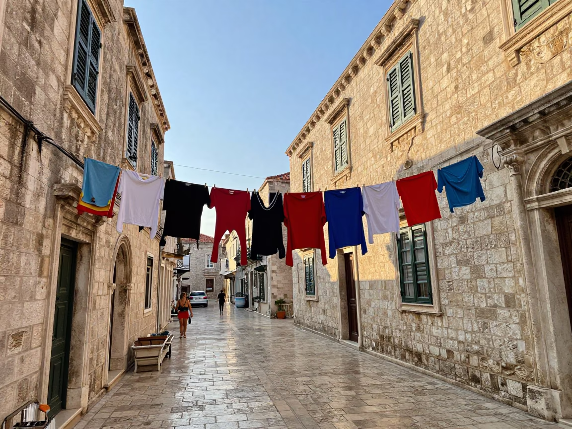 Late Afternoon Dubrovnik Street Scene with Laundry and Stone Architecture in in Dubrovnik, Croatia
