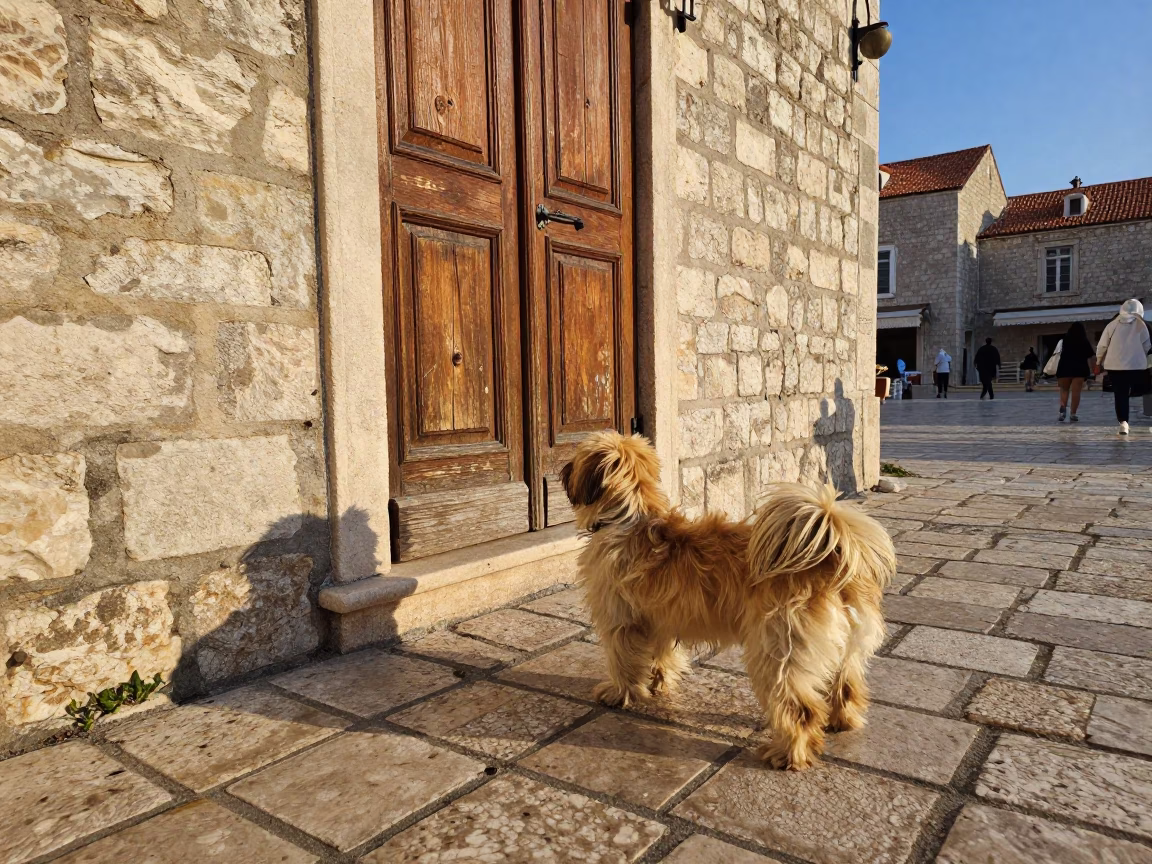 Late Afternoon Dubrovnik Street Scene with Lhasa Apso and Rusty Cabinet Door in in Dubrovnik, Croatia