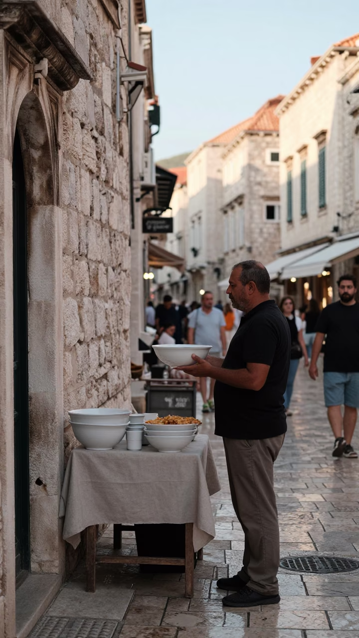 Late Afternoon Dubrovnik Street Scene with Local Ceramic Bowl and Stone Architecture in in Dubrovnik, Croatia