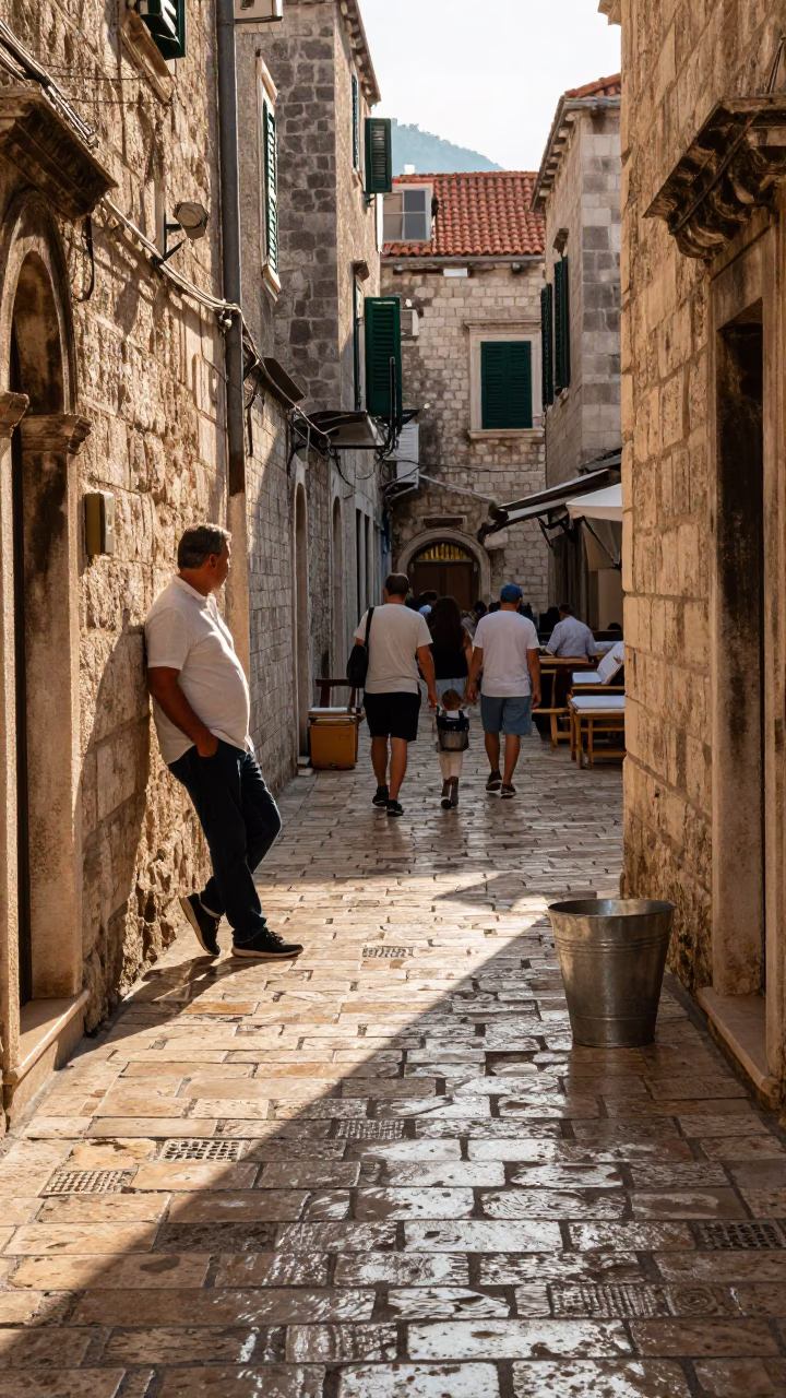 Late Afternoon Dubrovnik Street Scene with Metal Bucket and Cobblestones in in Dubrovnik, Croatia