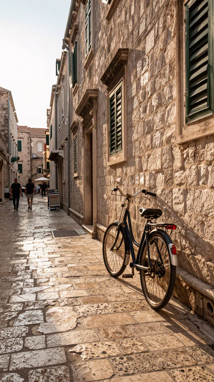 Late Afternoon Dubrovnik Street Scene with Vintage Bicycle and Mosaic Tile Fragments in in Dubrovnik, Croatia