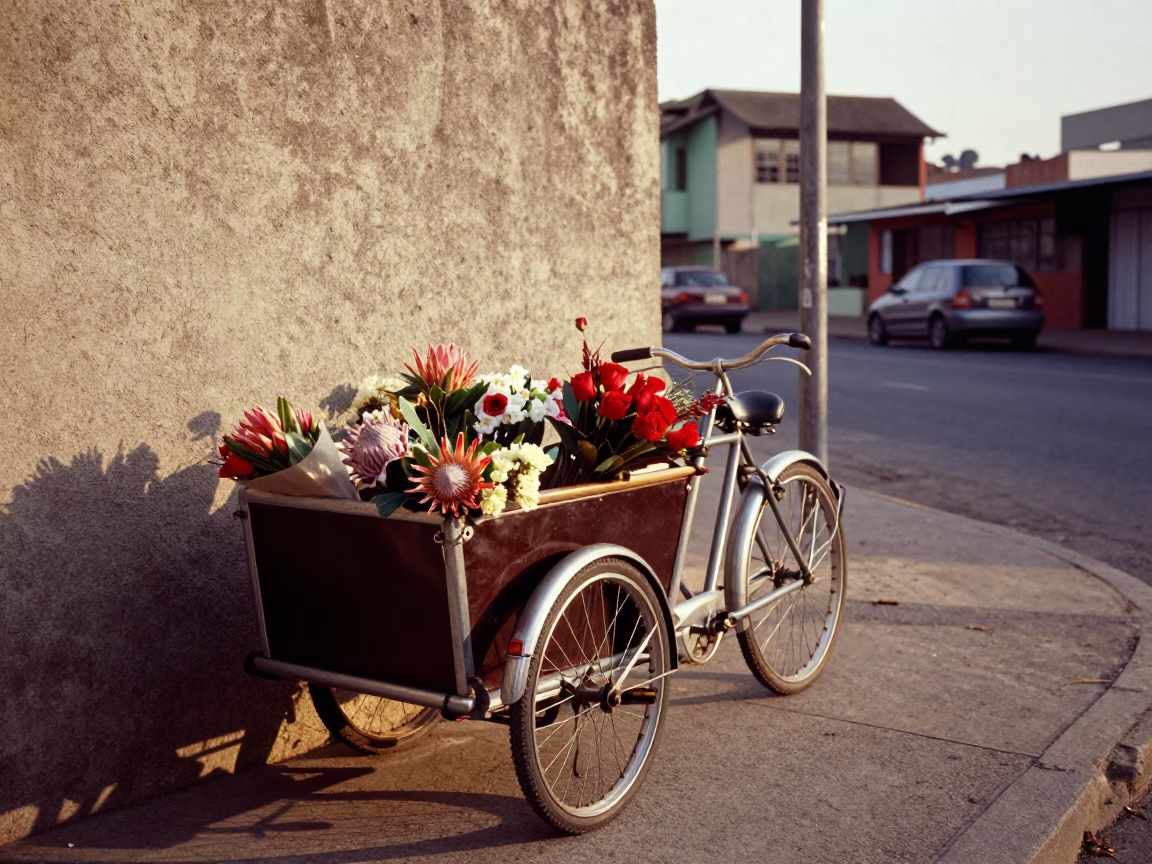 Late Afternoon Durban Street Scene with Cargo Bicycle and Flowers in in Durban, South Africa
