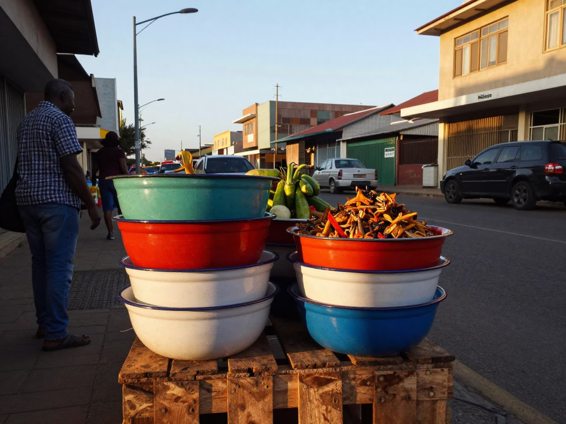 Late Afternoon Durban Street Scene with Enamel Bowls and Local Market Activity in in Durban, South Africa