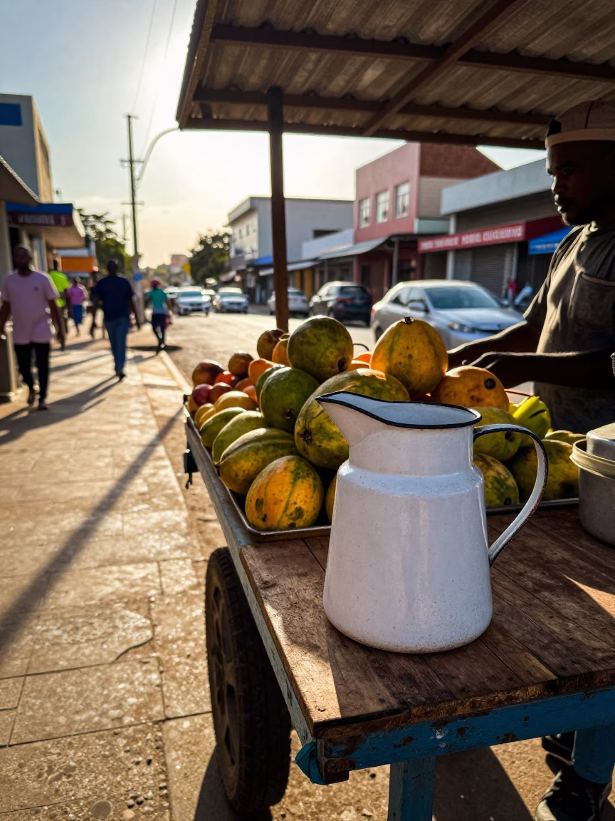 Late Afternoon Durban Street Scene with Enamel Pitcher and Houseplant Details in in Durban, South Africa