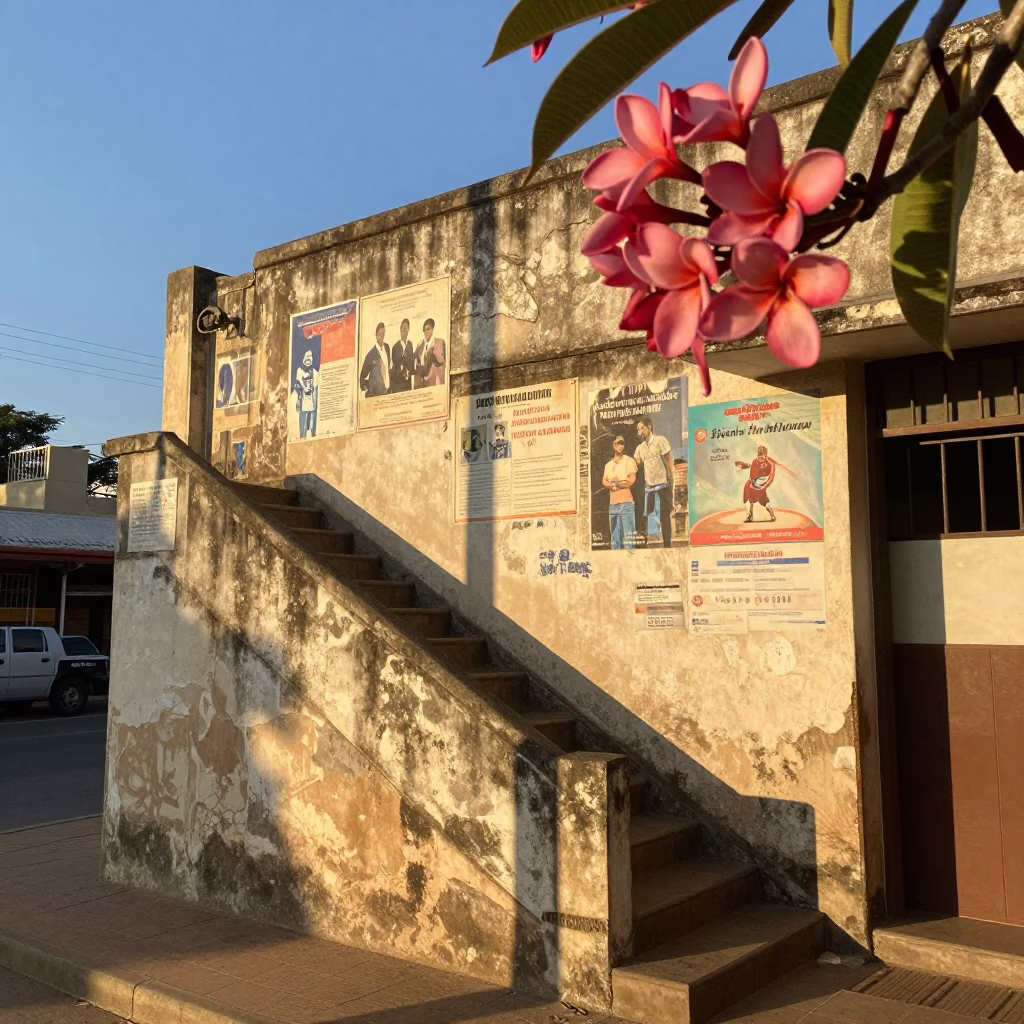 Late Afternoon Durban Street Scene with Frangipani Branch and School Staircase Wall in in Durban, South Africa