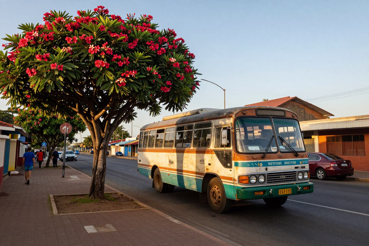 Late Afternoon Durban Street Scene with Frangipani Tree and Bedford Bus in in Durban, South Africa