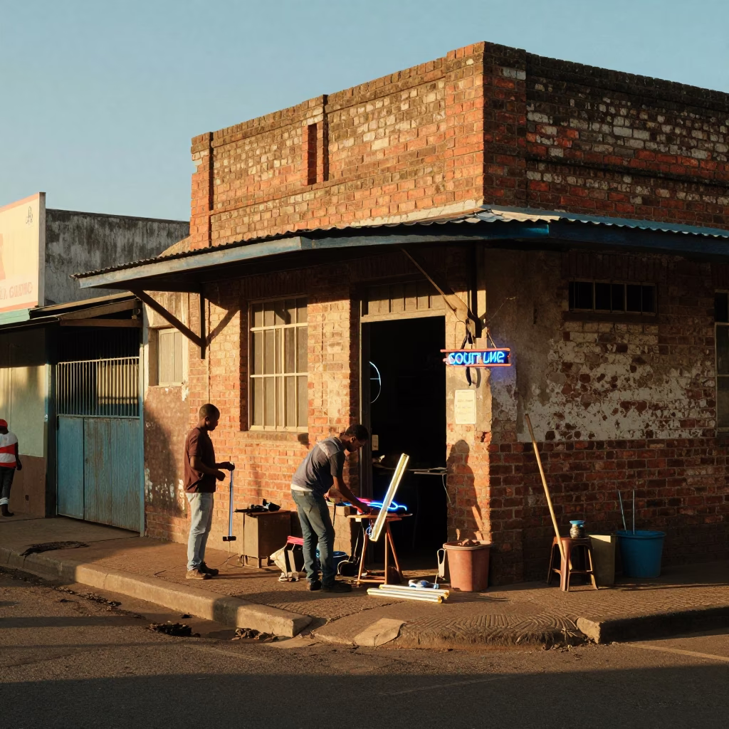 Late Afternoon Durban Street Scene with Neon Sign Maker Bending Glass Tubes in in Durban, South Africa