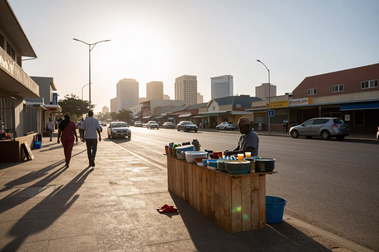 Late Afternoon Durban Street Scene with Red Slippers and Wooden Shelf in in Durban, South Africa
