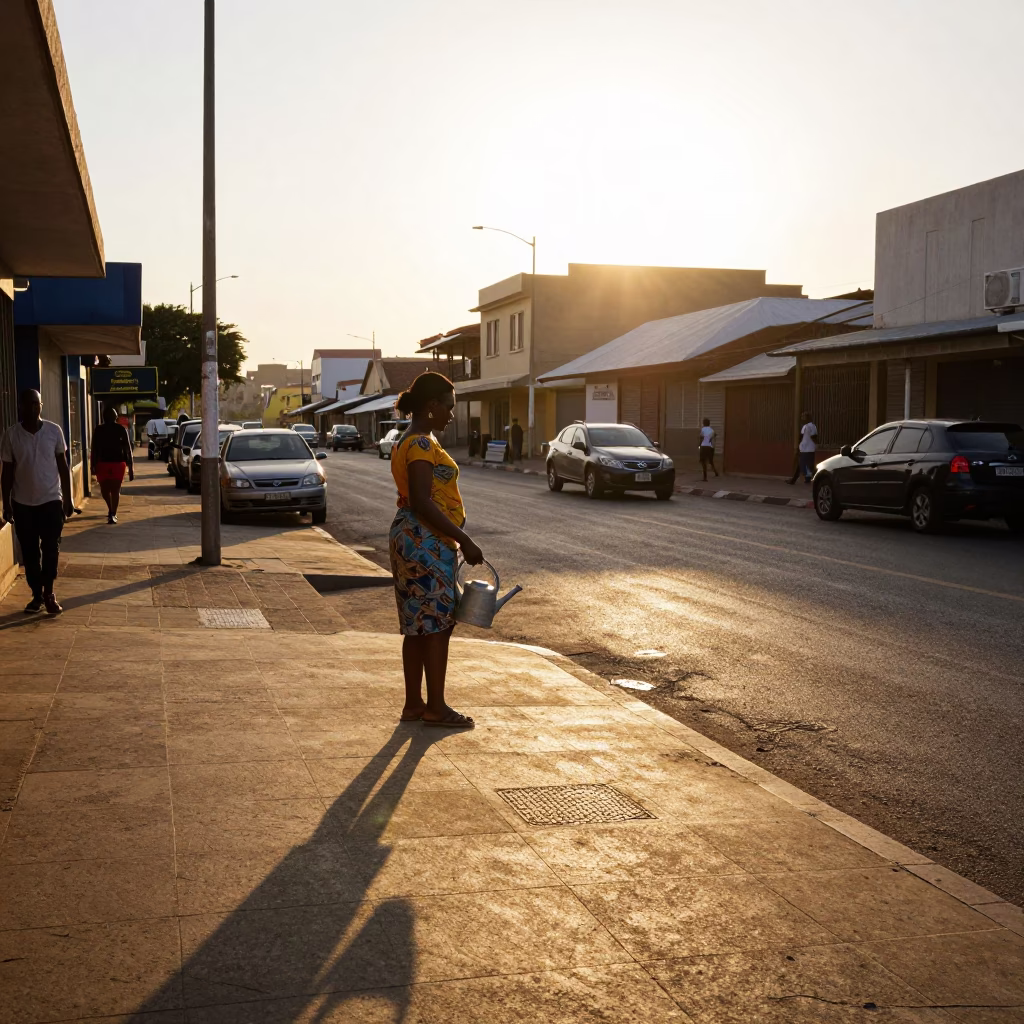 Late Afternoon Durban Street Scene with Watering Jug and Colorful Architecture in in Durban, South Africa