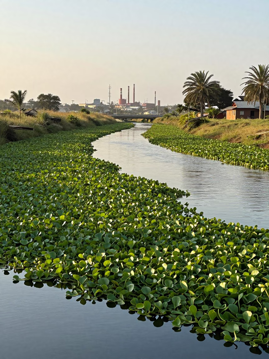 Late Afternoon Durban Waterway with Water Hyacinth and Industrial Background in in Durban, South Africa