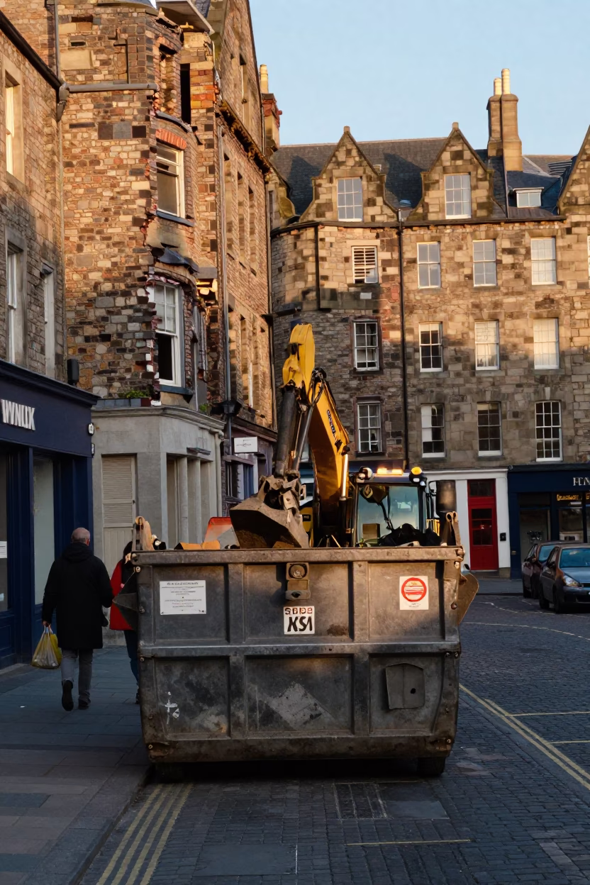 Late Afternoon Edinburgh Street Scene with Demolition Dumpster and Cardigan Wearer in in Edinburgh, United Kingdom