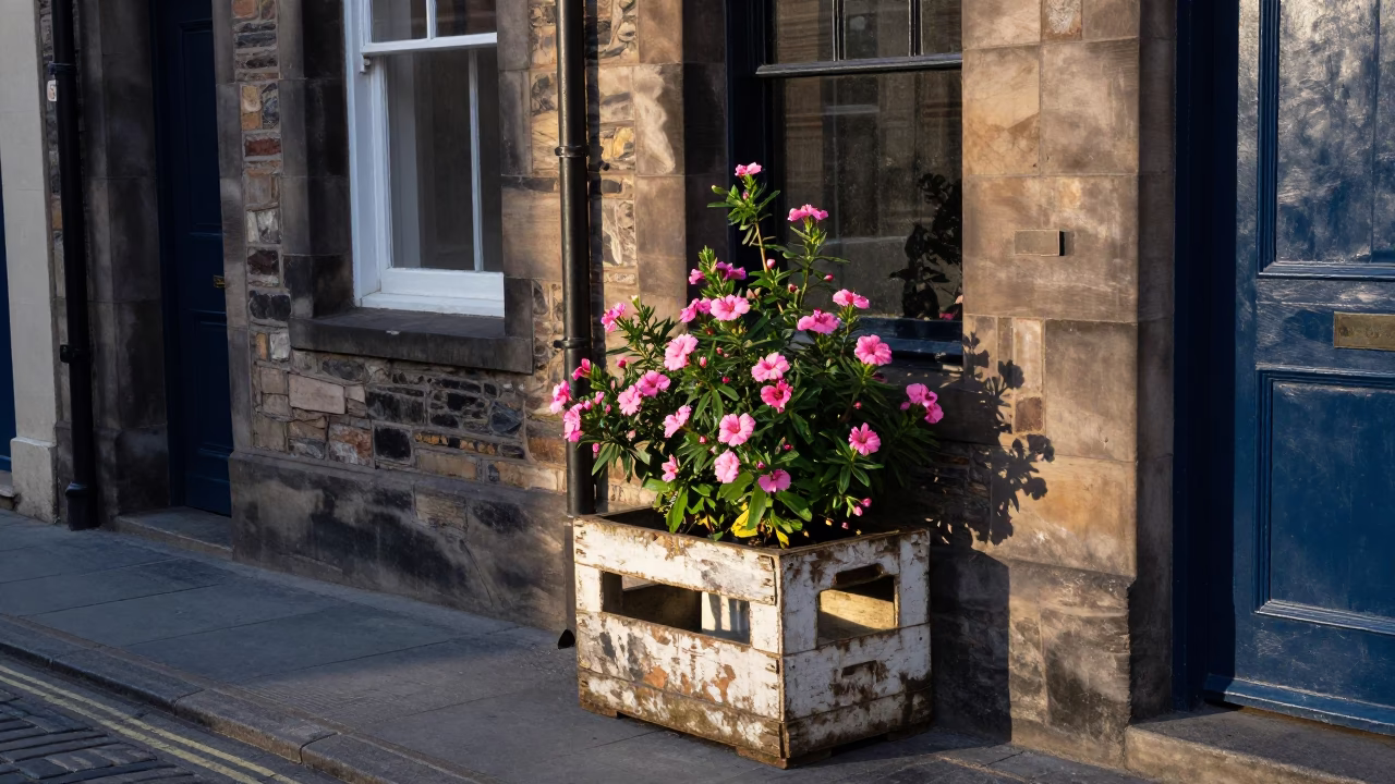 Late Afternoon Edinburgh Street Scene with Flowering Plant and Painted Crate in in Edinburgh, United Kingdom
