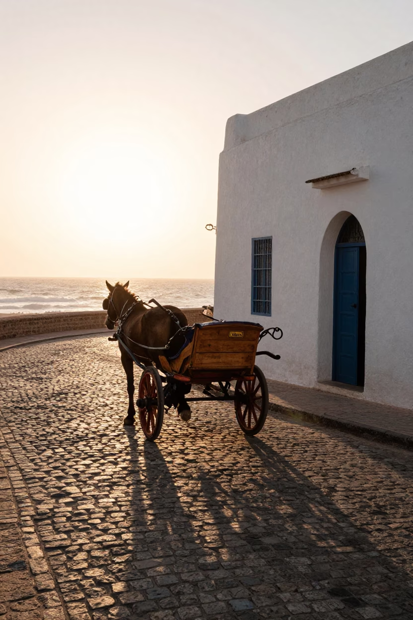 Late Afternoon Essaouira Morocco Cobblestone Street Horse Cart and Coastal Horizon in in Essaouira, Morocco