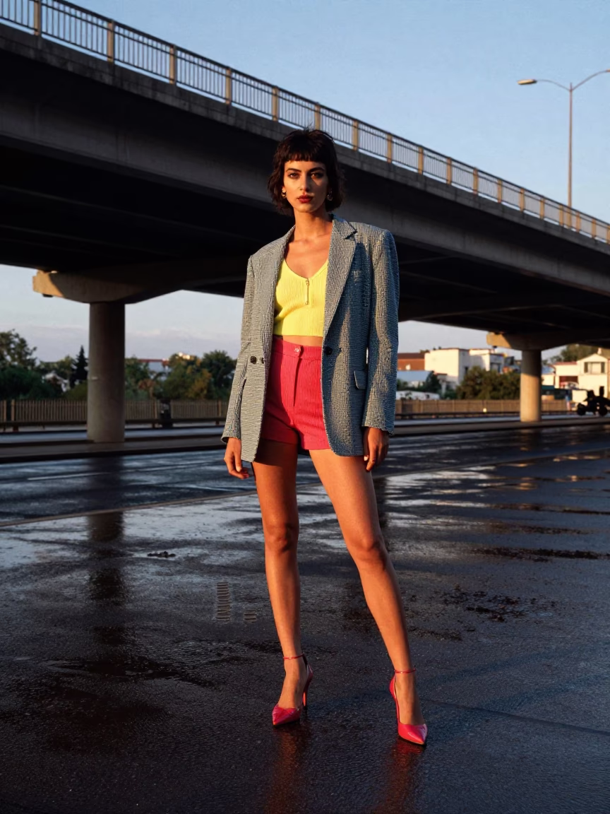 Late Afternoon Fashion Photography in Nice France with Pedestrian Overpass and Coastal Highway in in Nice, France