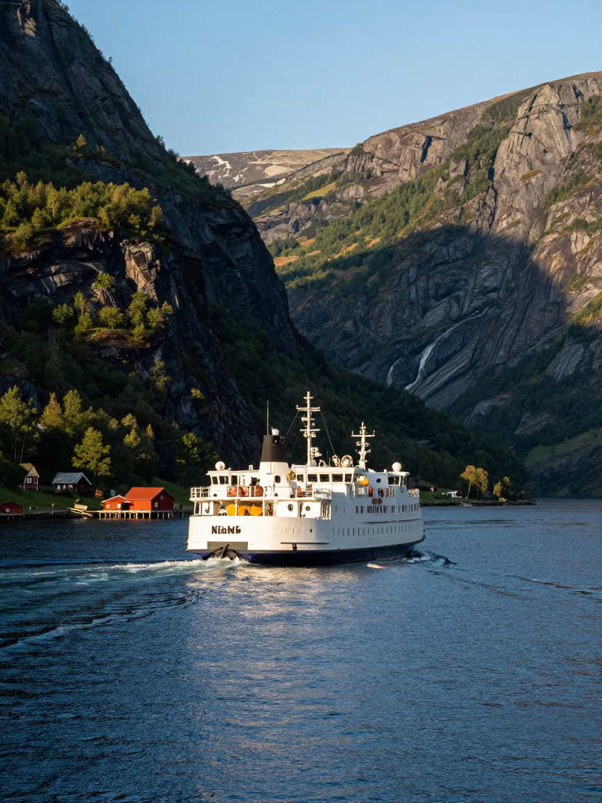 Late Afternoon Ferry Crossing Fjord in Bergen Norway with Traditional Wooden Architecture in in Bergen, Norway