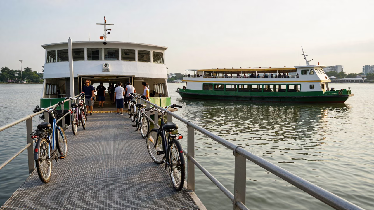 Late Afternoon Ferry Dock in Singapore with Bicycles and Green Water in in Singapore, Singapore